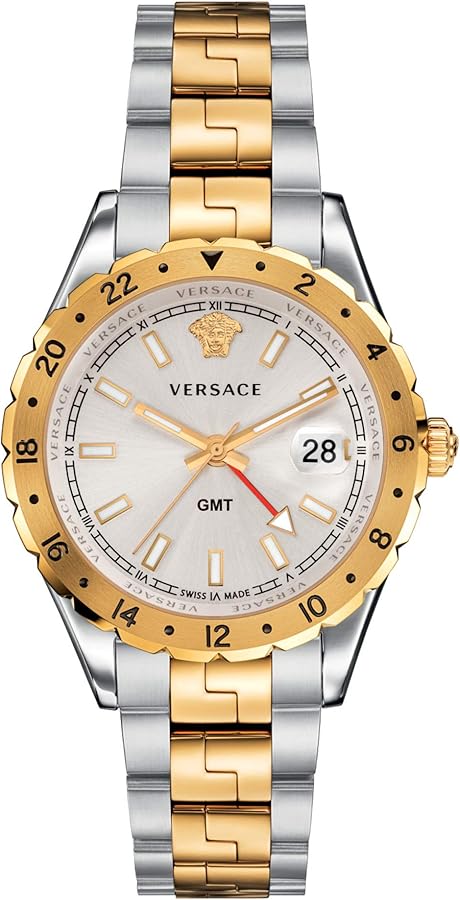 Versace Hellenyium Collection Luxury Mens Watch Timepiece with a Two Tone Bracelet Featuring a Silver Case and White Dial