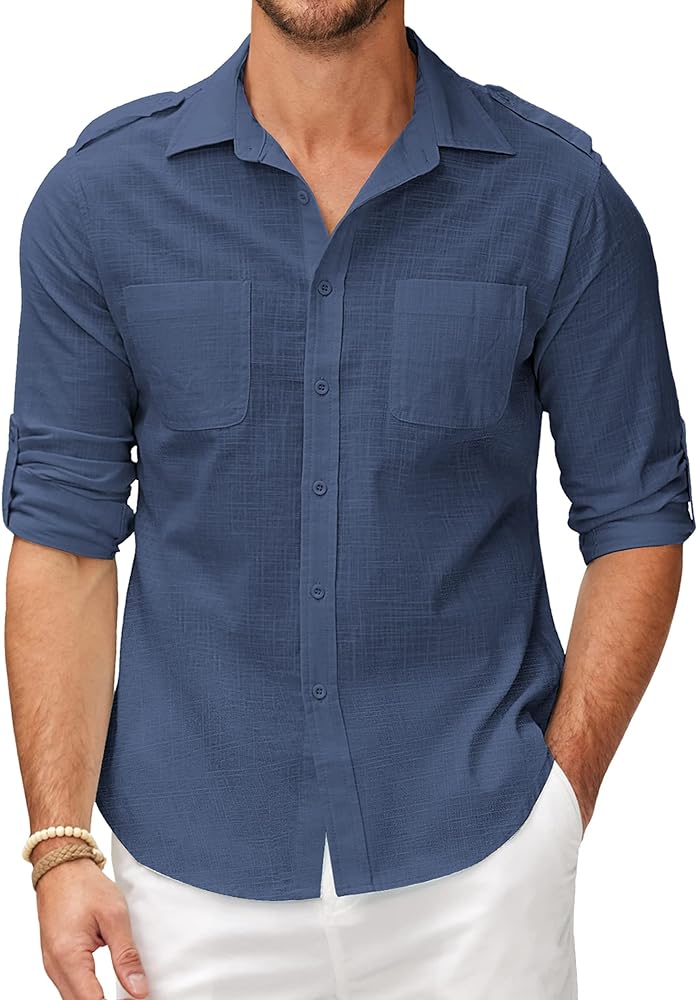 COOFANDY Men's Cotton Linen Shirt Long Sleeve Casual Button Down Summer Beach Plain T Shirts with Pockets