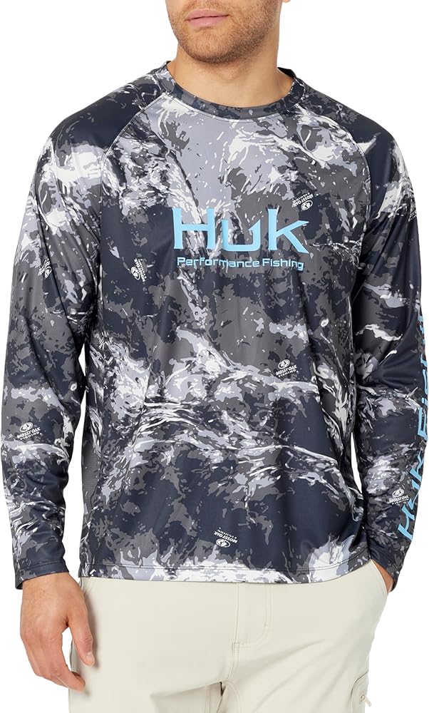 HUK Men's Standard Pursuit Pattern Crew Sleeve, Performance Shirt, Mossy Oak-Stormwater Midnight