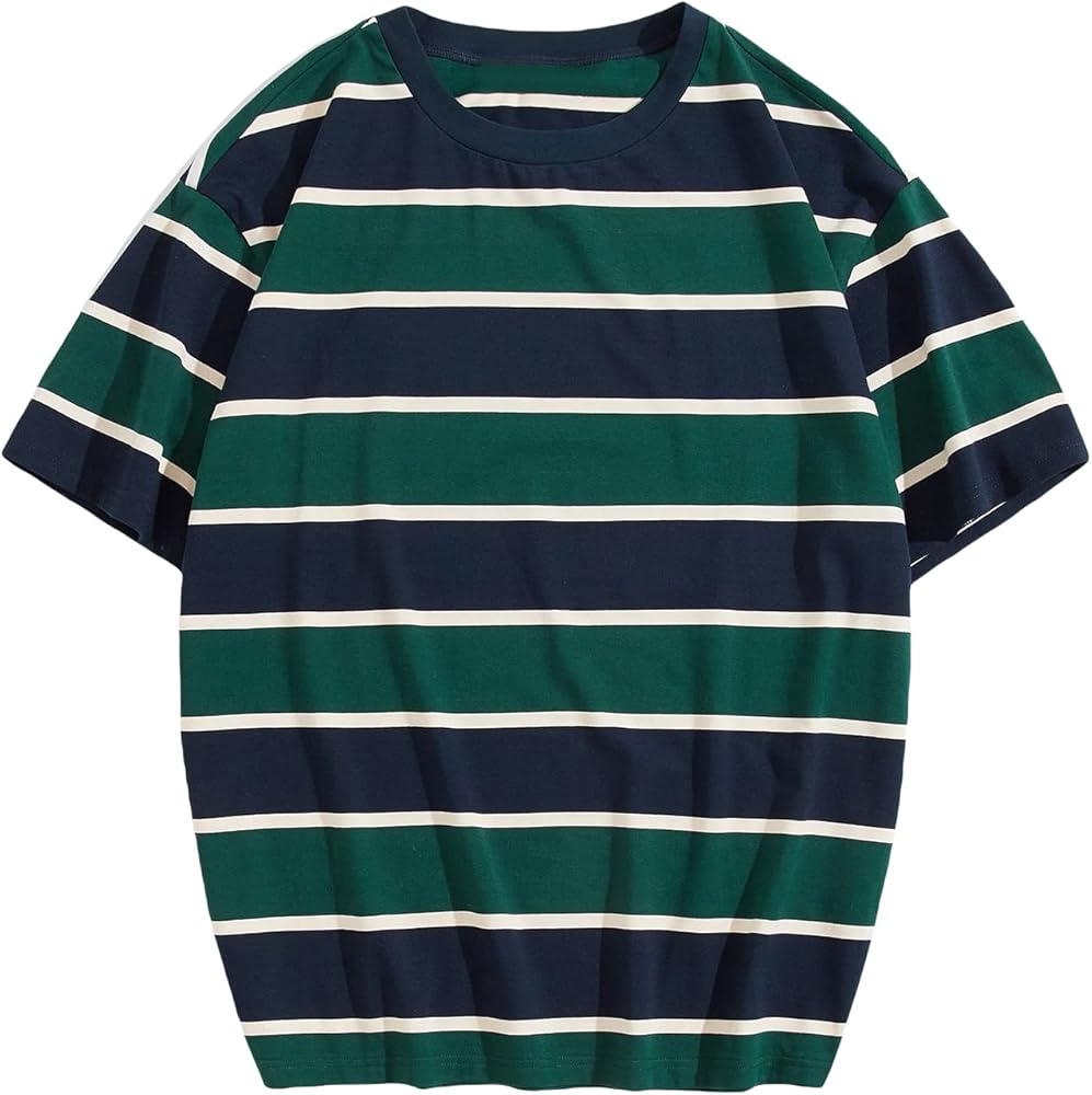 Floerns Men's Striped Print Drop Shoulder Short Sleeve Casual Tee Shirt