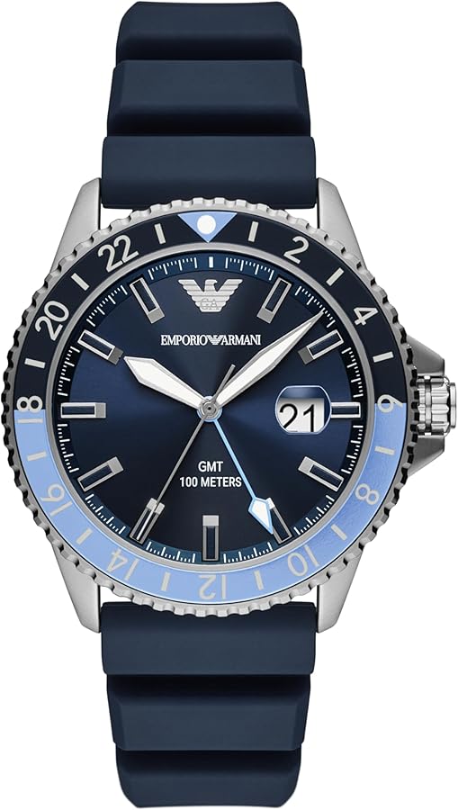 Emporio Armani Men's GMT Dual Time Silver and Blue Silicone Band Watch (Model: AR11592)