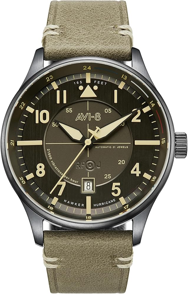 AVI-8 Mens 43mm Hawker Hurricane Kent Automatic Pilot Watch with Leather or Stainless Steel Strap AV-4094