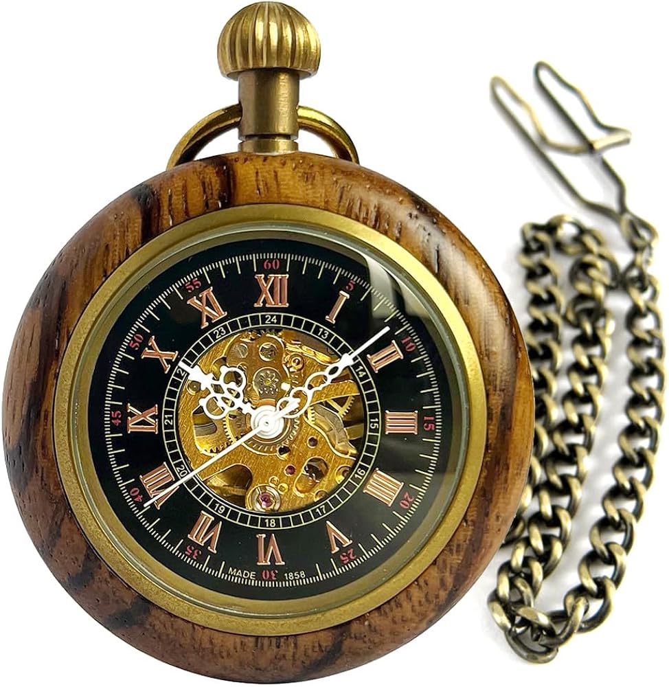 VIGOROSO Vintage Men's Pocket Watches for Men, Mens Mechanical Pocket Watch with Chain Manual Wind Up Watch for Women Wood Watches for Men Dad Mum