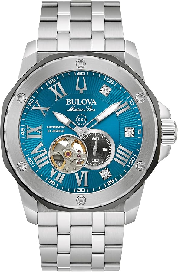 Bulova Marc Anthony Men's Automatic Marine Star Stainless Steel Watch,Open Aperture,Exhibition Case Back,Diamond Accent Blue Sunray Dial, (Model:98D184)