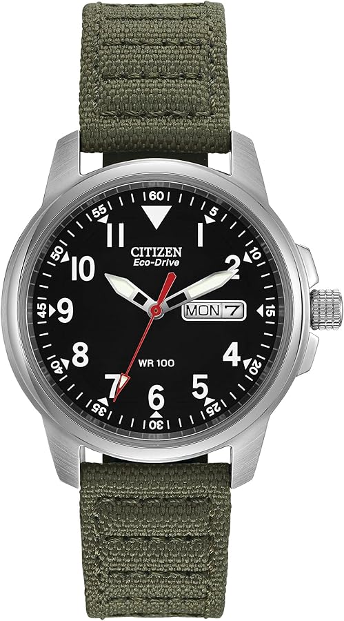 Citizen Men's Eco-Drive Weekender Garrison Field Watch in Stainless Steel with Olive Nylon strap, Black Dial (Model: BM8180-03E)