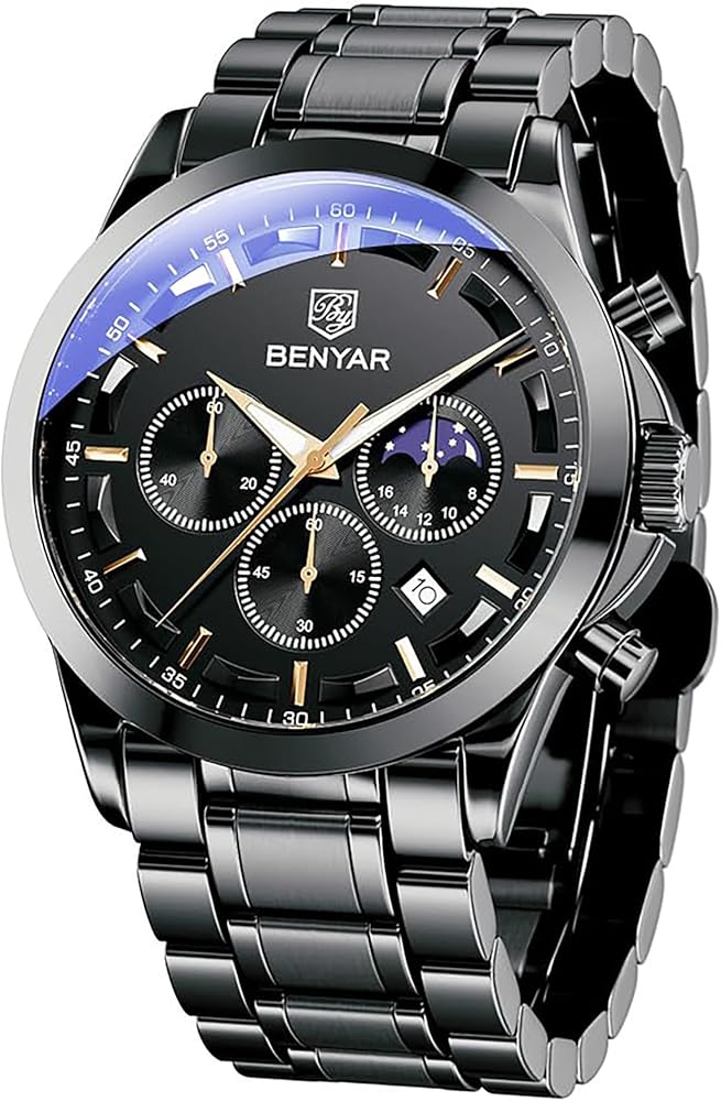 BY BENYAR Watches for Men Analog Watch Mens Watches Waterproof Watch Silver Watch Quartz Chronograph Date Men's Wrist Watches Stainless Steel Casual Luxury Gifts for Men Unique Mens Dress Watch