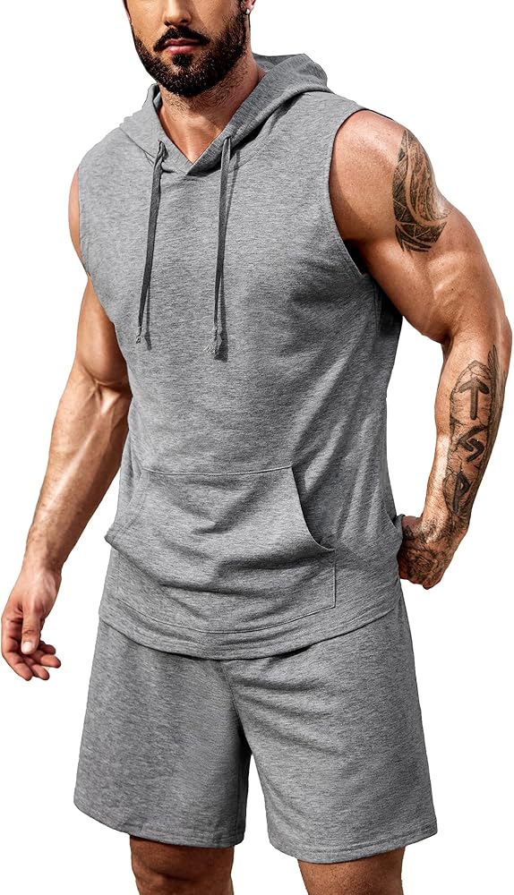 COOFANDY Men's Workout Hooded Tank Tops Sleeveless Gym Shirt Sweat Shorts Hoodie Set 2 Piece Outfits Jogging Suits