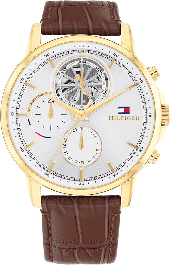 Tommy Hilfiger Classic Multi-Function Quartz Watch - Leather Strap Wristwatch for Men - Water Resistant Up to 5 ATM/50 Meters - Premium Fashion for Everyday Wear - 44mm