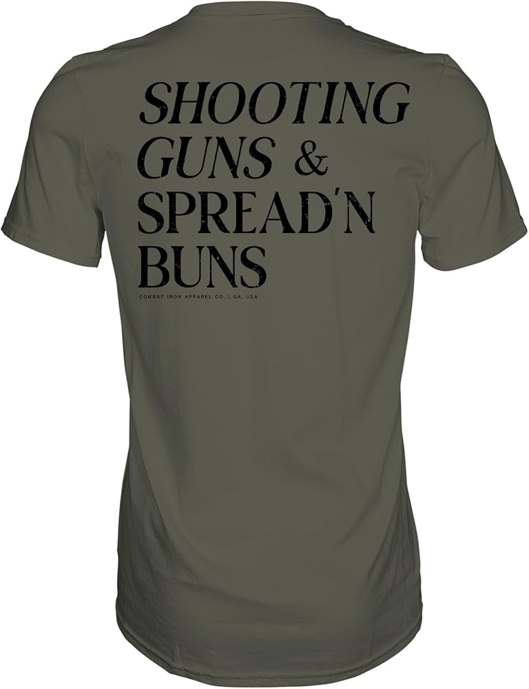 Combat Iron Men's Graphic Short Sleeve T-Shirt - Shooting Guns & Spread'N Buns Tee