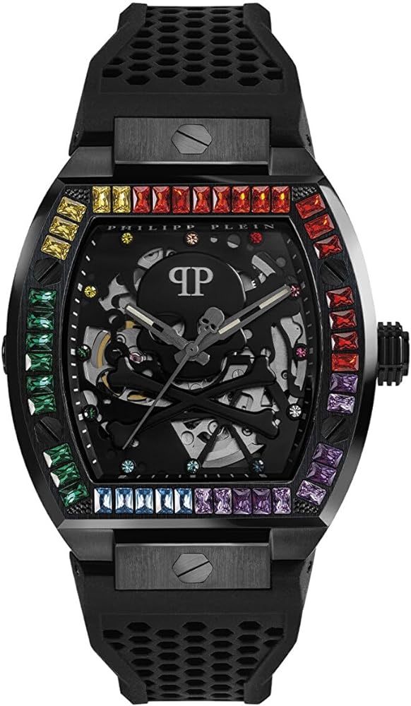 Philipp Plein The $keleton Collection Luxury Mens Watch Timepiece with a Black Strap featuring a Black Case and Black Dial