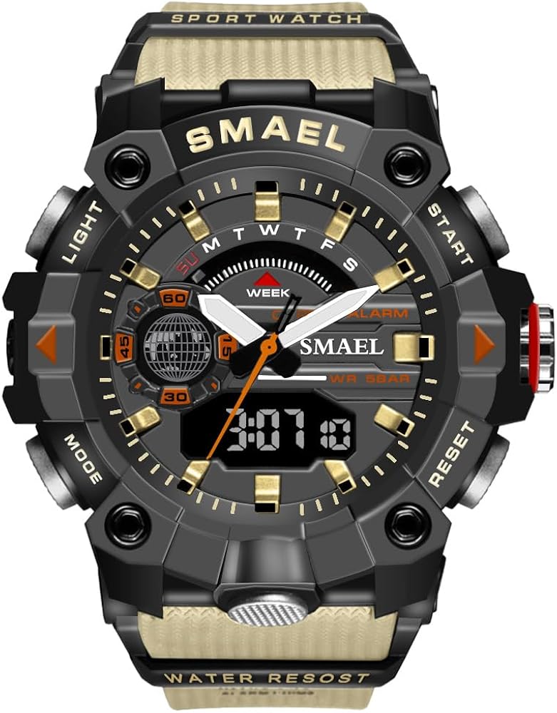 SMAEL Sports Outdoor Waterproof Military Watch Resistant-Shock Dual Display Army Wrist Watch for Men Backlight Clock (Khaki)