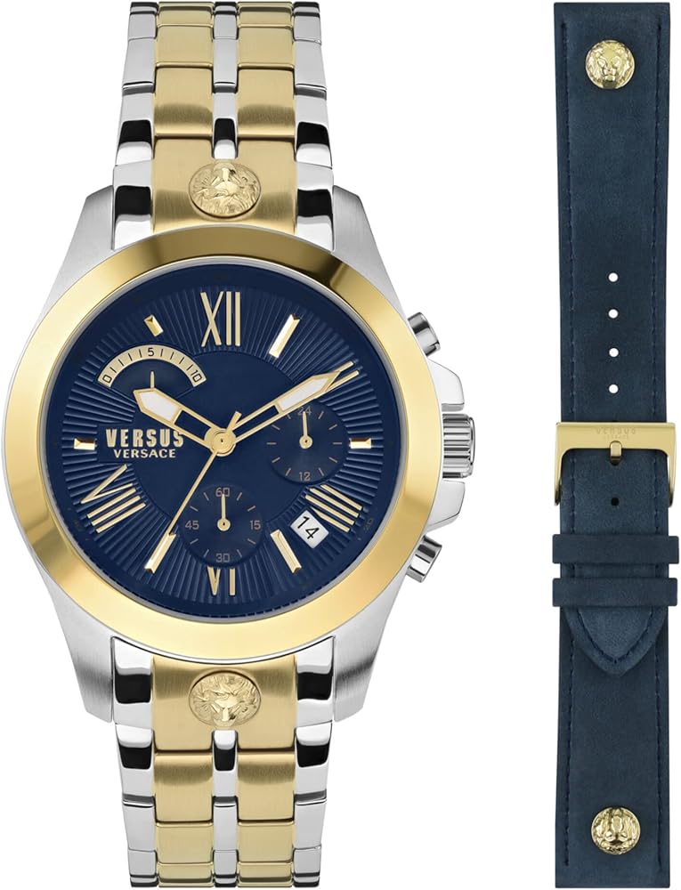 Versus Versace Mens Chrono Lion Chronograph Fashion Watch Box Set. Adjustable Bracelet Enamel Dial. Includes Interchangeable Genuine Leather Strap