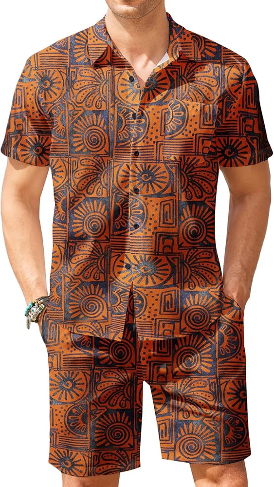 COOFANDY Men's Hawaiian 2 Piece Outfit Floral Matching Summer Beach Shirt and Shorts Sets