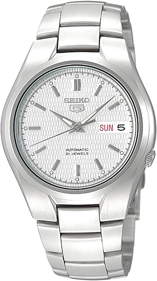 SEIKO SNK601 Automatic Watch for Men 5-7S Collection - Silver Textured Dial, Day/Date Calendar, Luminous Hands, Stainless Steel Case & Bracelet