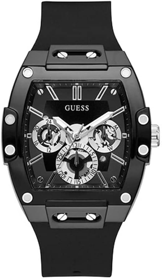 GUESS Men's Trend Multifunction 43mm Watch – Black Dial with Black Matte Polycarbonate Case & Silicone Strap