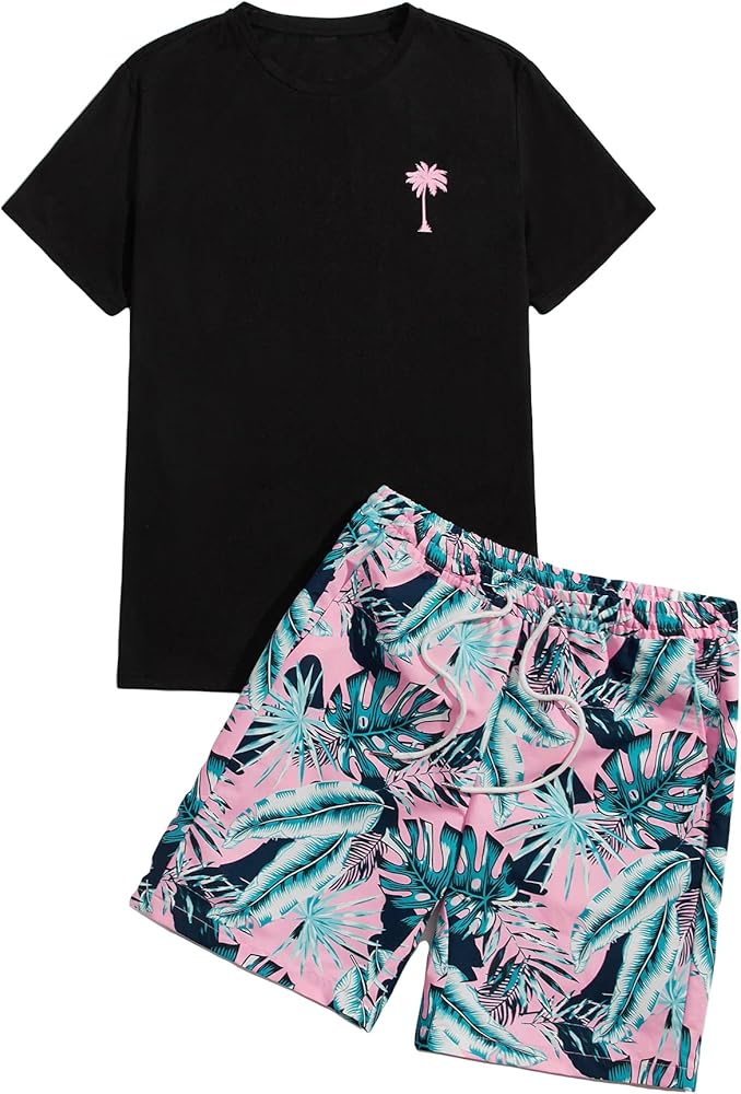 GORGLITTER Men's 2 Piece Short Sleeve Graphic Tee Hawaiian Printed Drawstring Shorts Set