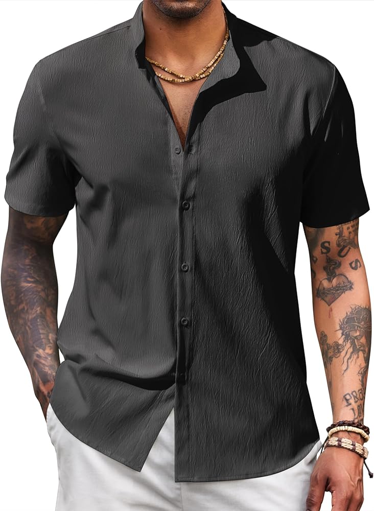 COOFANDY Men's Casual Button Down Short Sleeve Shirt Band Collar Shirts Textured Beach Summer Shirt