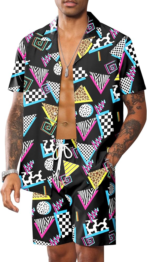 LecGee Men's Rave Outfits Hawaiian Shirts and Shorts Sets 2 Pieces Retro 80s 90s Outfit