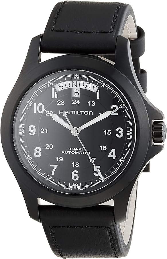 Hamilton Watch Khaki Field King Auto | Swiss Made | 40mm Stainless Steel Case | Black Dial Analog Watch | Black Leather Strap (Model: H64465733)