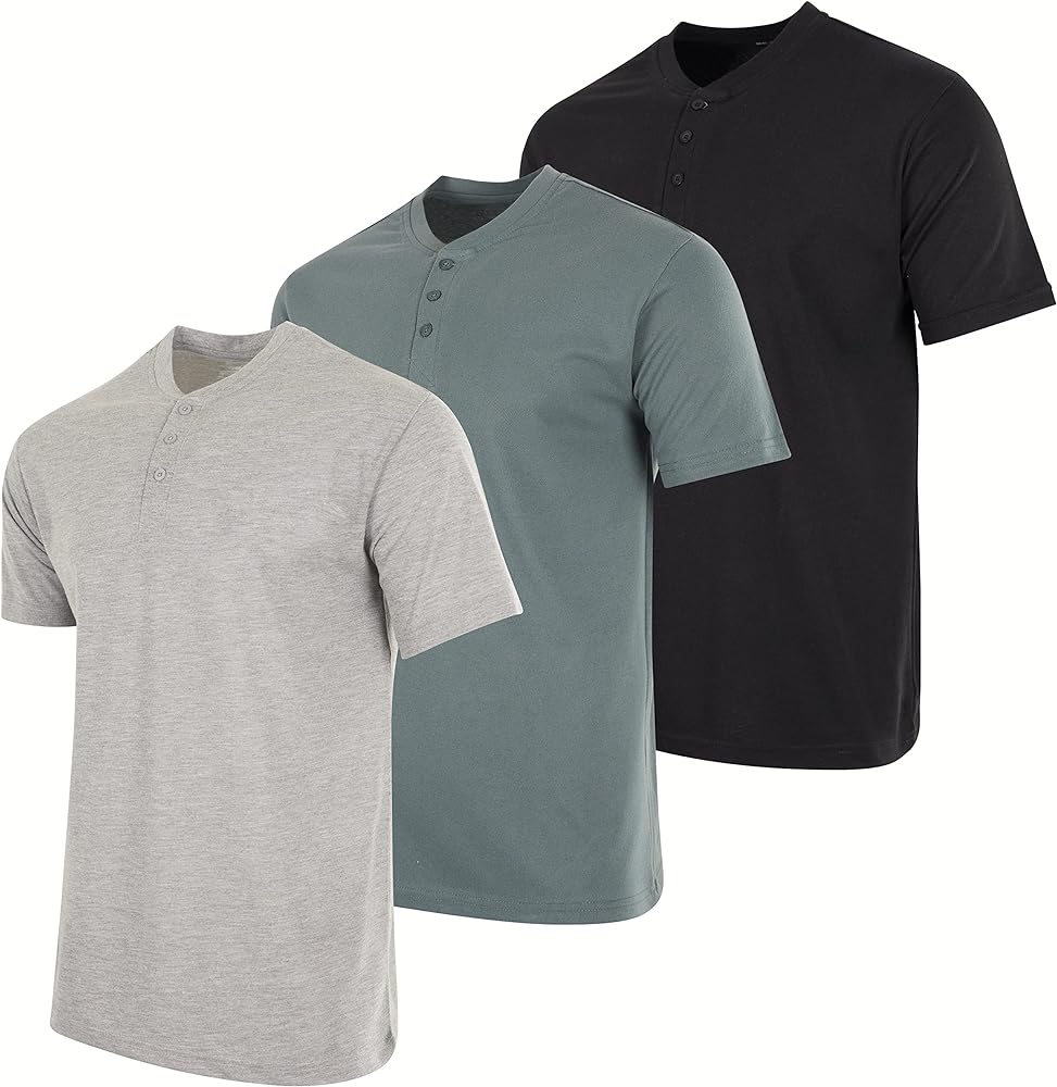 Real Essentials 3 Pack: Men's Cotton Short & Long Sleeve Henley T-Shirt Performance Activewear (Available in Big & Tall)