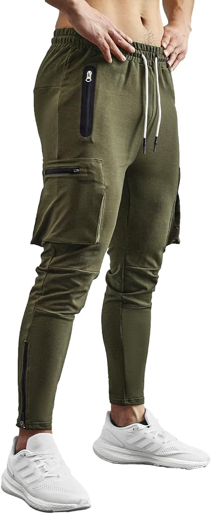 Mens Workout Sweatpants Cargo Jogger Pants Athletic Track Pants with Zipper Pockets