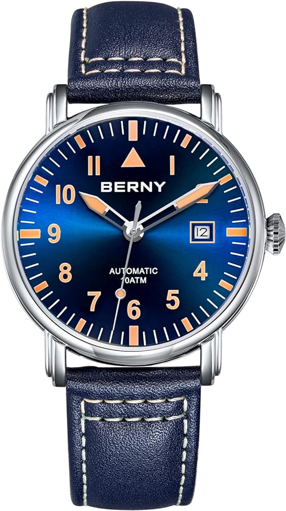 BERNY Mechanical Automatic Watch for Men Self Winding Leather Strap Classic Pilot Wristwatches Waterproof 10ATM Sapphire Glass Scratch Resistant Super Luminous