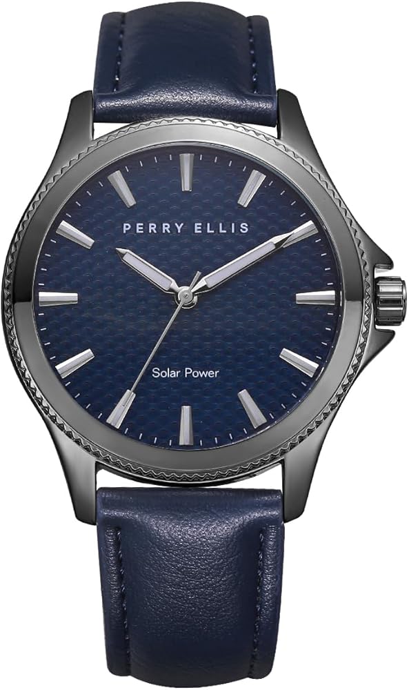 Perry Ellis Solar Powered Mens Watch | Vegan Leather Water-Resistant Analog Wrist Watches for Men | 41mm Case | Relojes para Hombres | Elegant Gift for Man