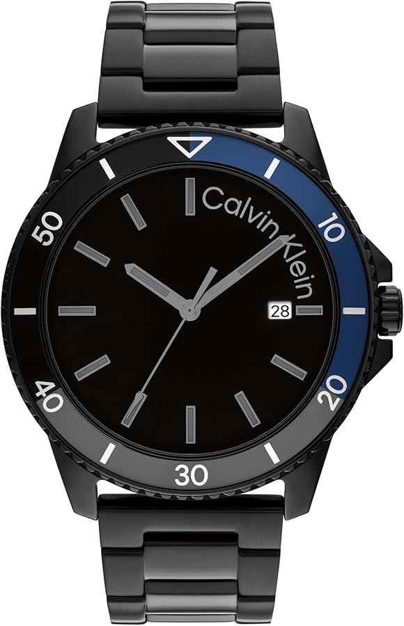 Calvin Klein Men's Aqueous Sporty Watch, 3 Hand, Black Link Bracelet, Water Resistant, Fashion Watch, (Model:25200382)