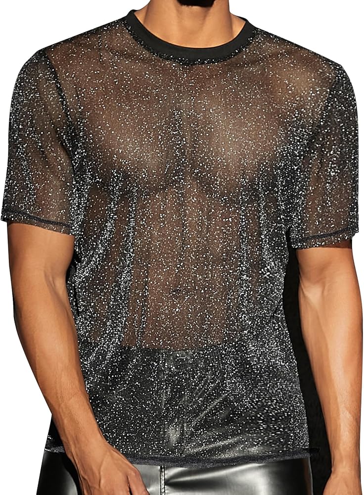 WDIRARA Men's Glitter Mesh Sheer Round Neck Short Sleeve T Shirt Shiny Tee Tops