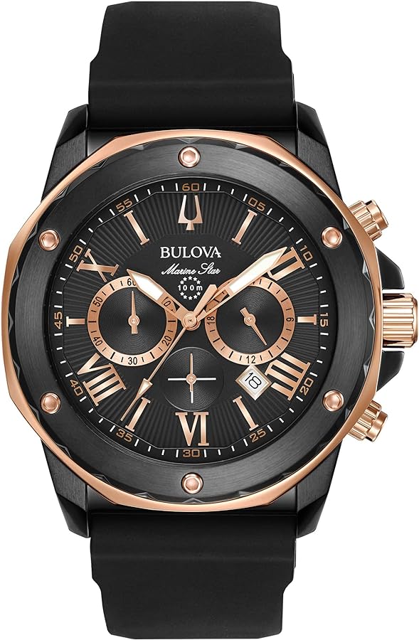 Bulova Men's Marine Star Series A Black and Gold Ion-Plated Stainless Steel 6-Hand Chronograph Quartz Watch, Black Silicone Strap Style: 98B307