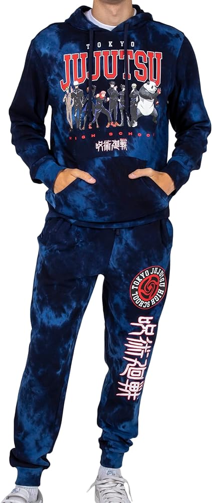 Bioworld Jujutsu Kaisen Character Group With Varsity Text Blue Cove Wash Men's Hoodie & Jogger Set