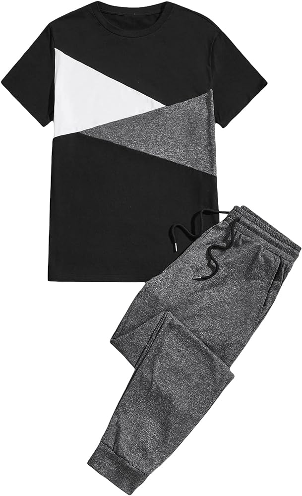 OYOANGLE Men's 2 Piece Outfits Short Sleeve T Shirt and Sweatpants Lounge Set Sleepwear Tracksuit