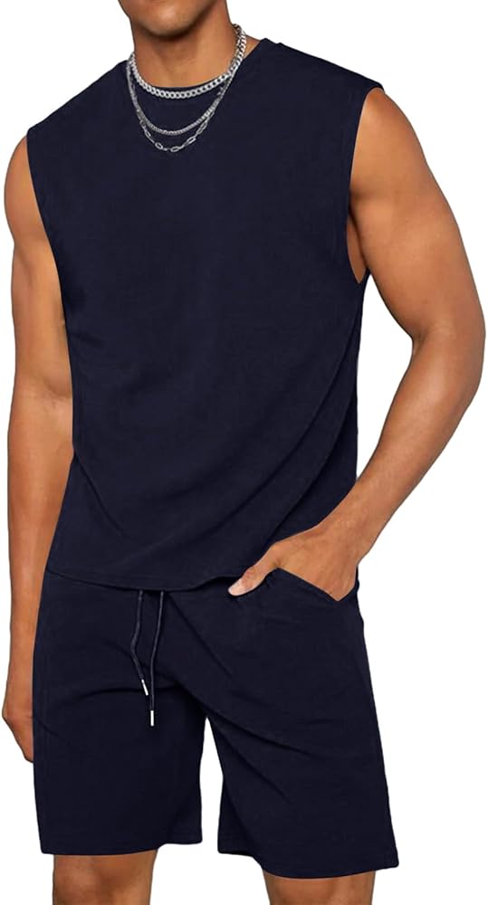 Lexiart Mens Two Piece Outfits Short Sets Workout Crewneck Tank Tops Summer Sleeveless Tracksuits