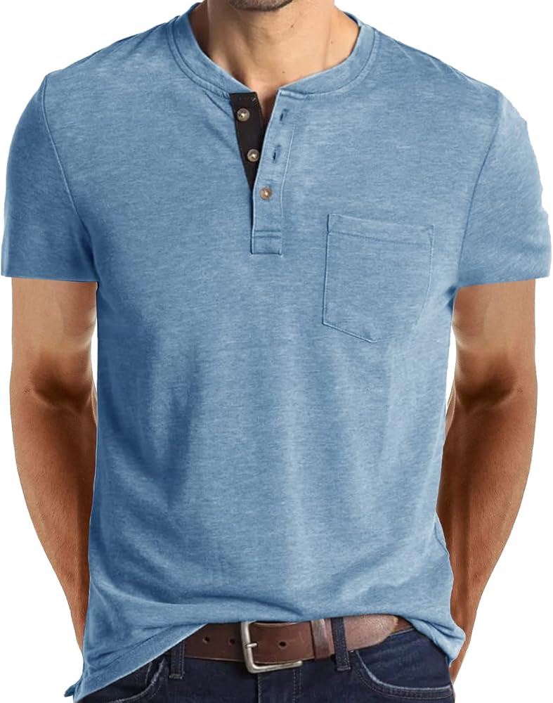 Fashion Men's Henley Shirts Classic Short Sleeve Basic Button Cotton T-Shirt with Pocket