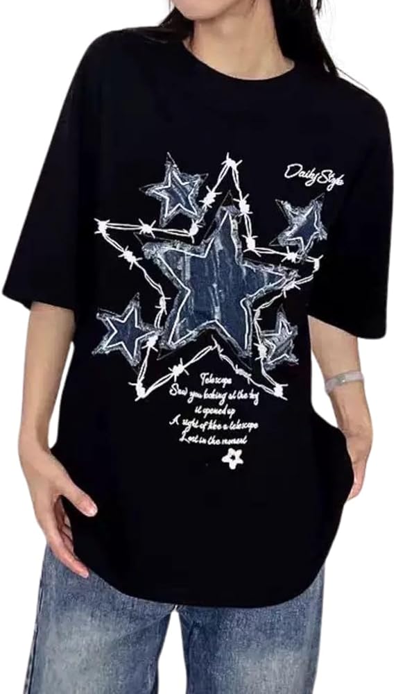 Graphic Tees Y2k for Women Men Baggy Star Shirt Grunge Summer Casual Tops Goth Embroidery Oversized Aesthetic Clothes