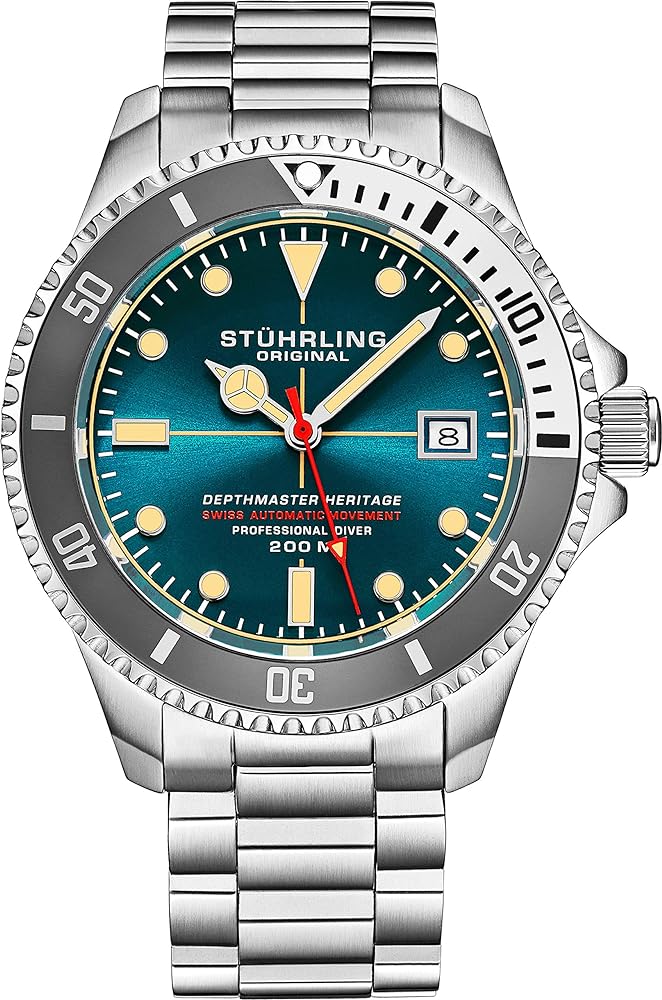 Stuhrling Original Mens Swiss Automatic Stainless Steel Professional DEPTHMASTER Dive Watch, 200 Meters Water Resistant, Brushed and Beveled Bracelet with Divers Safety Clasp and Screw Down Crown