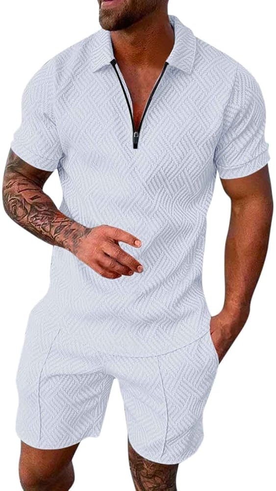 Men’s Short Sets Outfits 2 Piece Summer Tracksuit Short Sleeve Polo Shirt and Shorts Set Summer Outfits for Men