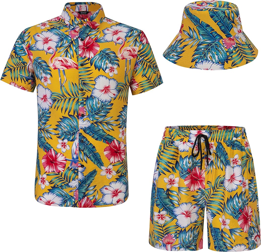 Atwfo Men's Hawaiian Shirt and Short 2 Piece Vacation Outfits Sets Casual Button Down Beach Floral Suits for Summer