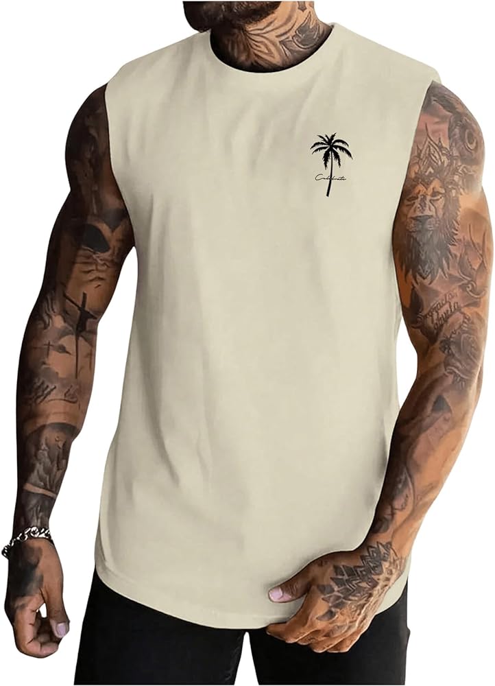 GORGLITTER Men's Workout Tank Top Coconut Tree Print Sleeveless Muscle Athletic Tank Tops