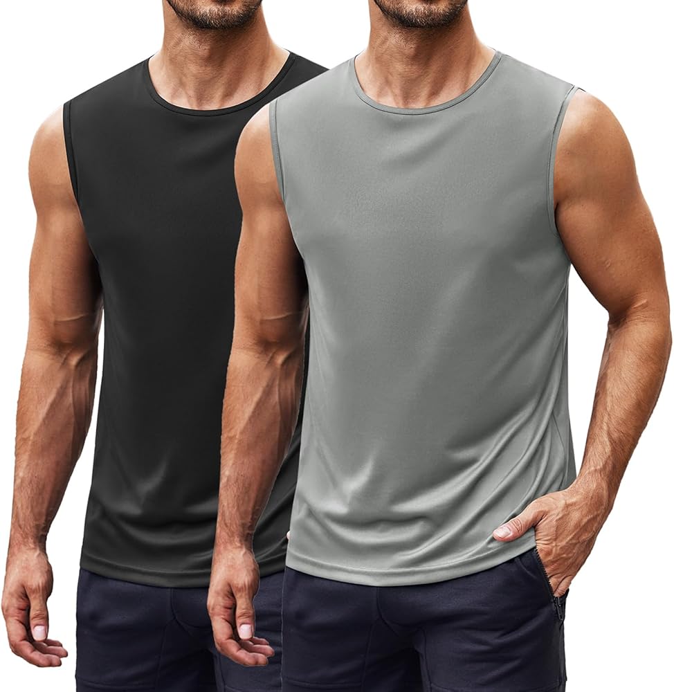 COOFANDY Mens 2 Pack Workout Tank Top UPF 50+ Quick Dry Sleeveless Swim Shirt Gym Muscle Athletic Summer Beach T Shirts