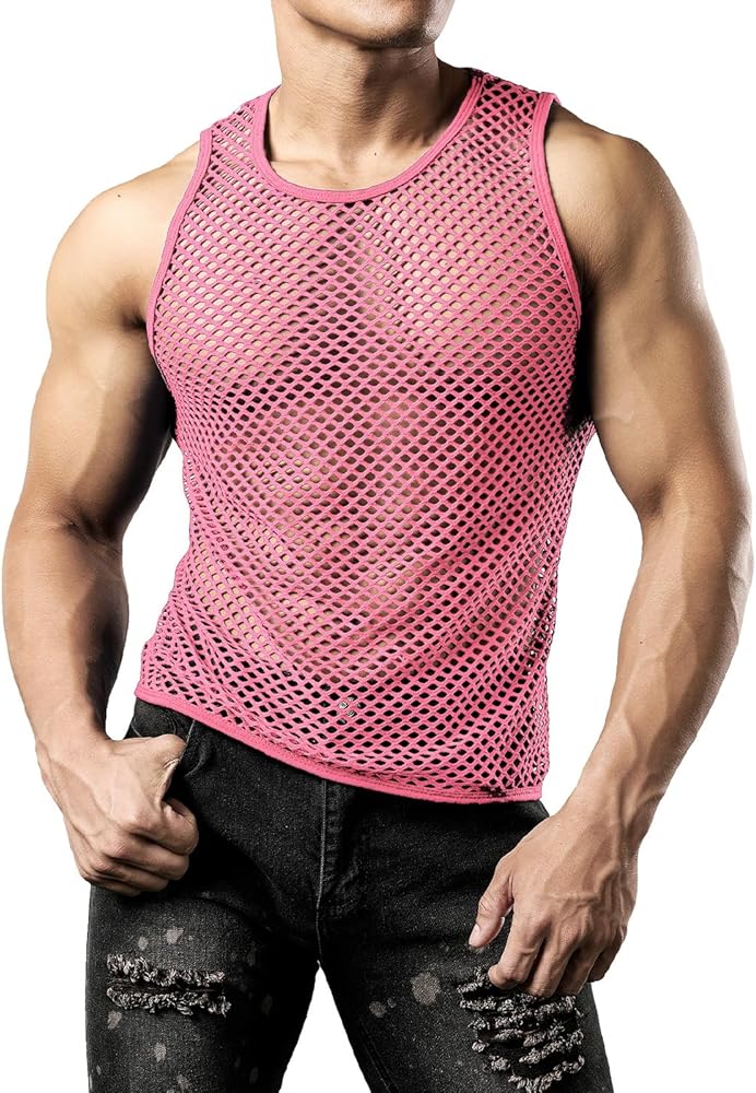 JOGAL Men's Mesh Fishnet Fitted Sleeveless Muscle Top