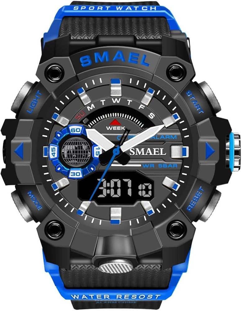 Sports Outdoor Waterproof Military Watch Resistant-Shock Dual Display Army Wrist Watch for Men Backlight Clock (Blue)