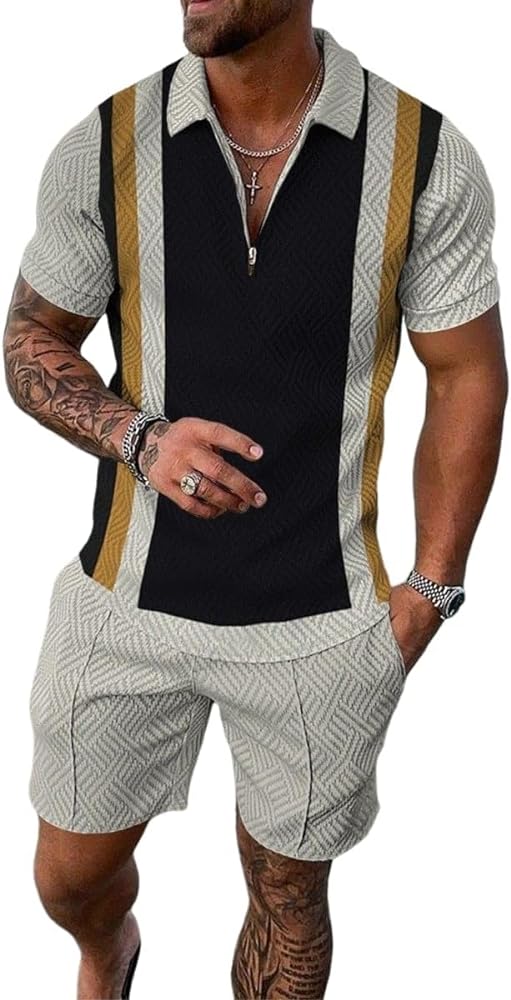 Mens Short Sets 2 Piece Outfits Short Sleeve Zipper Polo Shirts and Shorts Sets Classic Gym Workout Summer Tracksuits