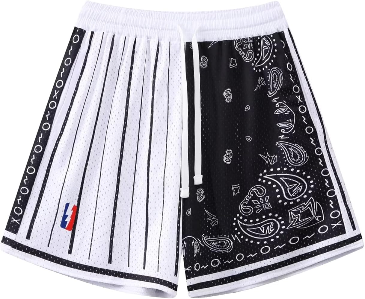 BOOMLEMON Men's Basketball Shorts Workout Athletic Paisley Shorts Mesh Print Running Short Pants