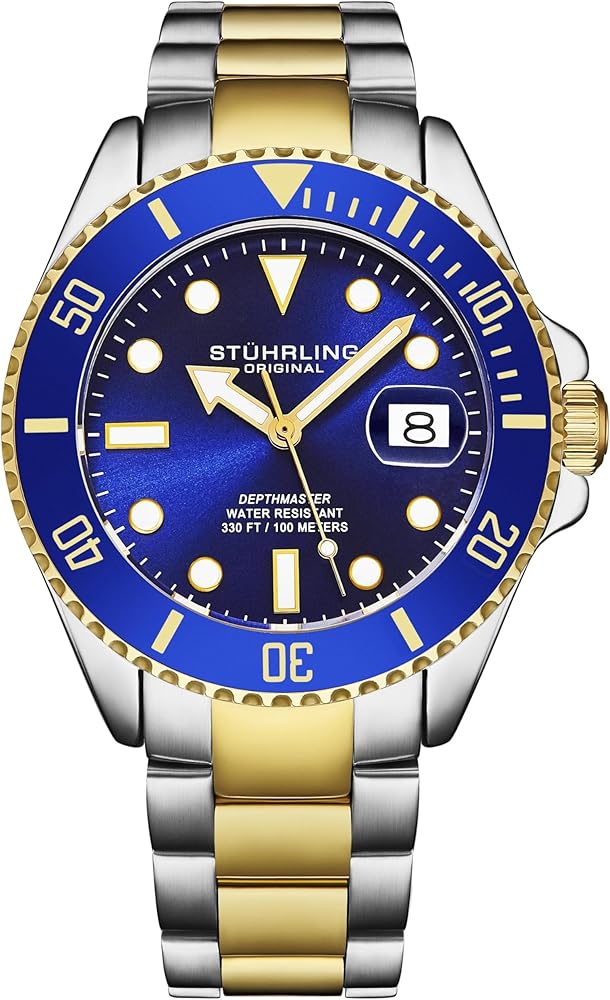 Stuhrling Original Men's Dive Watch, Swiss Movement, Stainless Steel, Blue Dial, Stainless Steel Bracelet, 100M Water Resistant