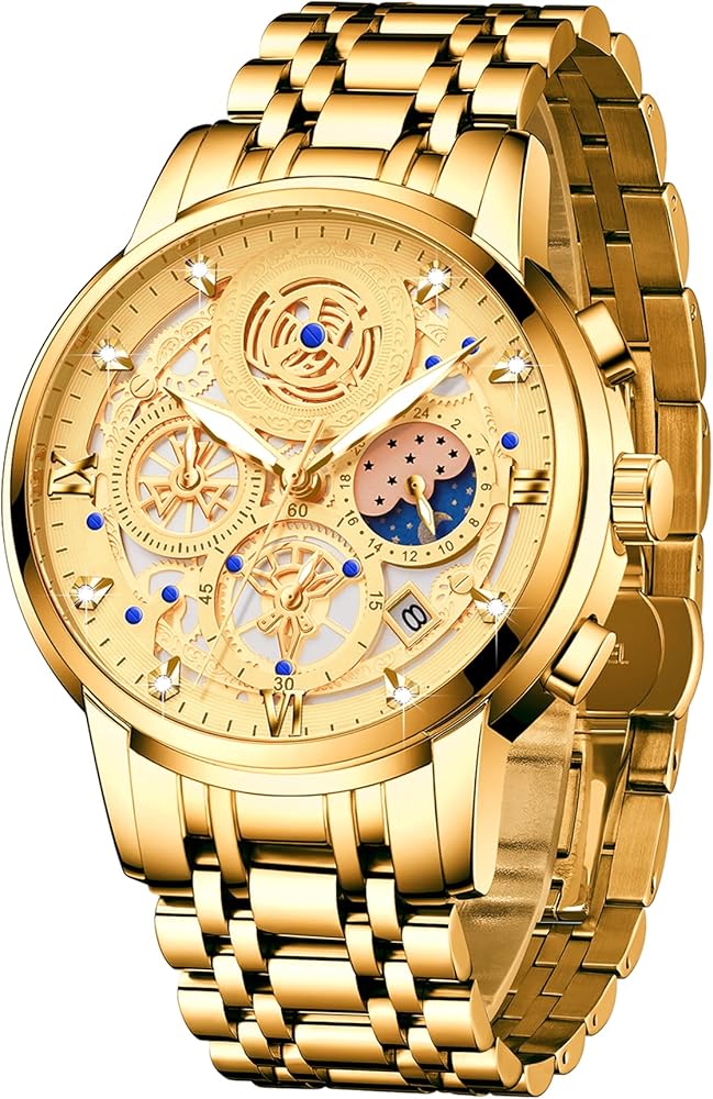 Moon Phase Watch for Men Multifunction Chronograph Dial Analog Quartz Wristwatch Luxury Diamond Business Dress Watch with Luminous Waterproof Calendar Stainless Steel Strap