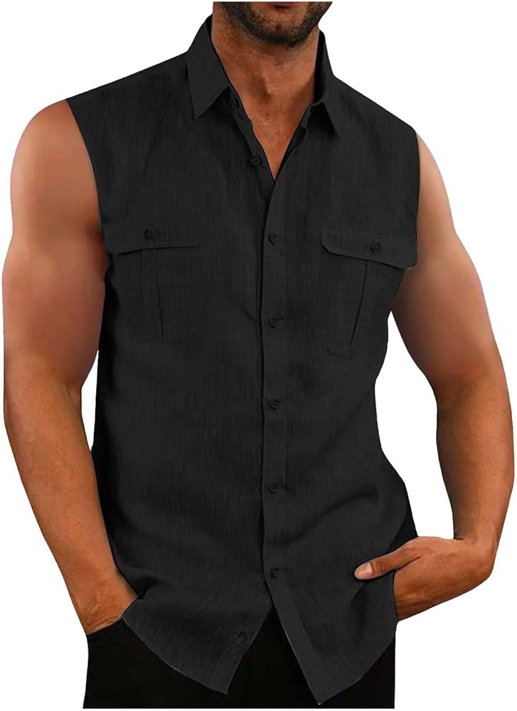 Men's Cotton Linen Sleeveless Shirts Summer Button Down Shirt Beach Tank Top Basic Solid Shirt Vest with Double Pocket