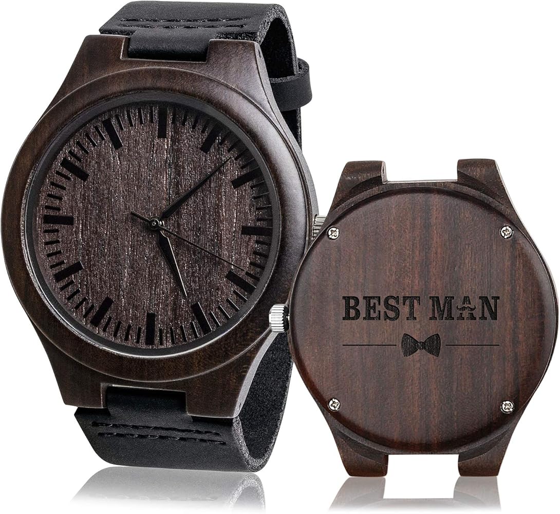 Engraved Best Man Wooden Watches Black Leather Strap Casual Watch Will You Be My Best Man? Groomsmen Gifts for Wedding