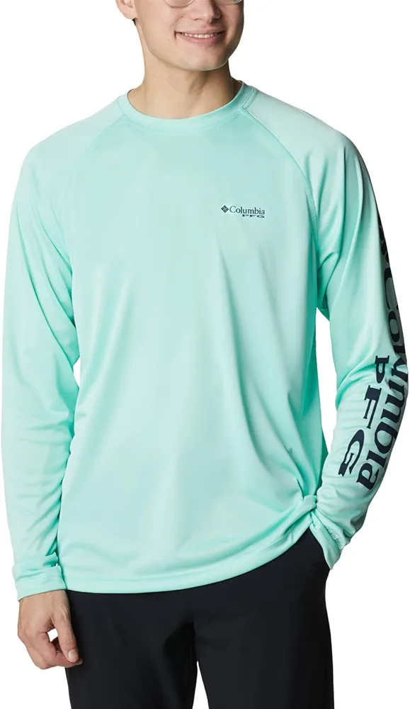 Columbia Men's Terminal Tackle Heather Long Sleeve Shirt, Mint Cay Heather/Collegiate Navy Logo, X-Small