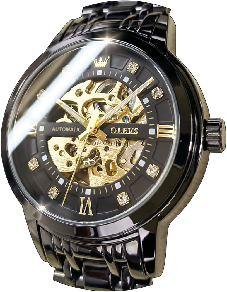 OLEVS Men’s Gold Skeleton Watch Automatic Mechanical self Winding Luxury Dress Stainless Steel Waterproof Luminous Wrist Watches